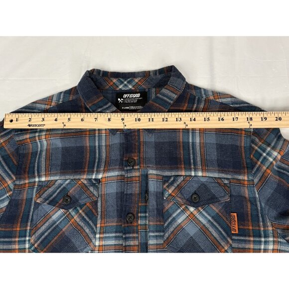 Off The Grid Destroyer Flannel Shirt Men’s XL Blue Orange Plaid Long Sleeve - Picture 13 of 14
